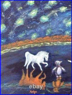 Helga Schweininger Signed Oil Painting Horse Dance Folk Art Outsider 30x40