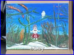 Helga Schweininger Signed Oil Painting Snow Girl Owl Folk Art Outsider 18x24