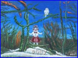 Helga Schweininger Signed Oil Painting Snow Girl Owl Folk Art Outsider 18x24