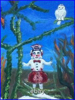 Helga Schweininger Signed Oil Painting Snow Girl Owl Folk Art Outsider 18x24