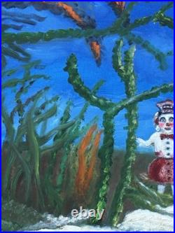 Helga Schweininger Signed Oil Painting Snow Girl Owl Folk Art Outsider 18x24