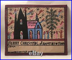 Howard Finster Folk Art Christmas & New Years Card Painting On Wood Panel 1991