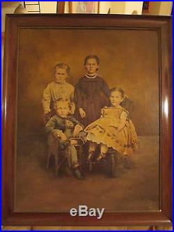 Huge Antique WEIRD CHILDREN Photo Tint PAINTING Portrait Primitive FOLK ART Vtg