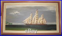 Huge Naive Folk Art Clipper Ship Signed D. A. WILSON Oil Painting Framed