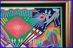 Huichol Yarn Painting framed 26 Mexican Folk Art Sierra Madre Mountains vintage