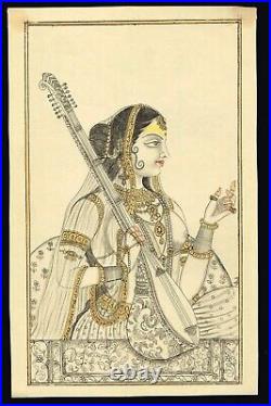 Indian Drawing Folk Art Painting Of Indian Women With Sitar 5.5x9 inches