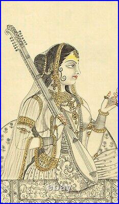 Indian Drawing Folk Art Painting Of Indian Women With Sitar 5.5x9 inches