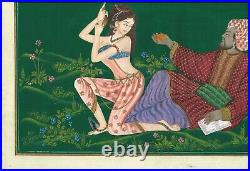 Indian Folk Art Painting Handmade Mughal Love Scene On Silk Cloth 22x17 Inches