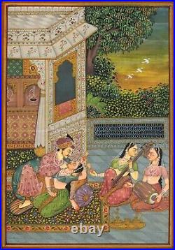 Indian Miniature Painting Of King & Queen in Love Scene Art On Paper 8x11 inches