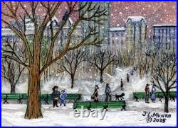 JL. Munro orig. Winter in Central Park, NYC Folk Art painting ACEO