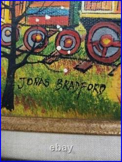 JONAS BRADFORD Folk Art Painting Original Signed Oil on Canvas Rural Train Scene