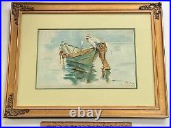 J. G. Gould, 1901 Antique Impressionist Watercolor Painting, Man Launching Boat