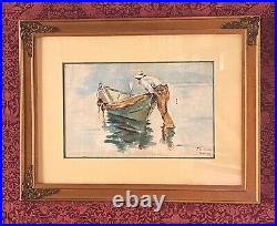 J. G. Gould, 1901 Antique Impressionist Watercolor Painting, Man Launching Boat