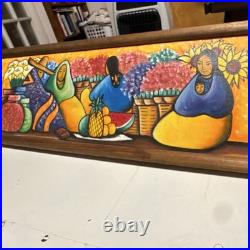 J. Ortiz Original Signed Folk Art Painting Framed Women Flowers Fruit