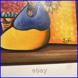 J. Ortiz Original Signed Folk Art Painting Framed Women Flowers Fruit