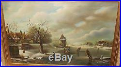 James Hamilton English Ice Skating Landscape Large Oil On Canvas Folk Painting