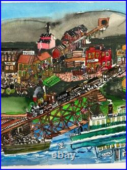 James L. Miller Jim Washington Original Painting Train Ship Town Folk Art VTG James L. Miller Jim Washington Original Painting Train Ship Town Folk Art VTG