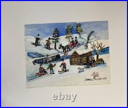 James Miller Jim Washington Landscape Painting Cabin Winter Scene Town Folk Art James Miller Jim Washington Landscape Painting Cabin Winter Scene Town Folk Art