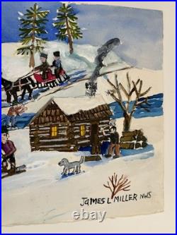 James Miller Jim Washington Landscape Painting Cabin Winter Scene Town Folk Art James Miller Jim Washington Landscape Painting Cabin Winter Scene Town Folk Art