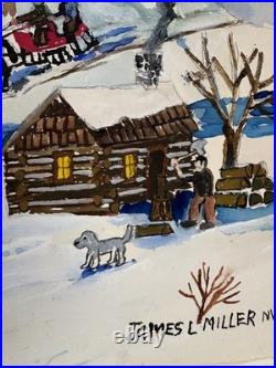James Miller Jim Washington Landscape Painting Cabin Winter Scene Town Folk Art James Miller Jim Washington Landscape Painting Cabin Winter Scene Town Folk Art
