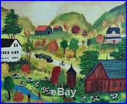 Janet Munro Folk Art Oil Painting Fishing on Oaks Creek Otsego County, NY Signed