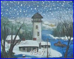 Janet Munro Folk Art Painting Gouache North Bay Lighthouse Fishing Signed