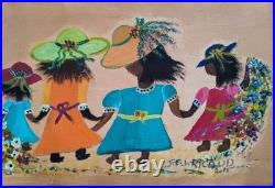 Jeanne Elie Joseph Rigaud Original Haitian Folk Art Painting Canvas Family 26x17