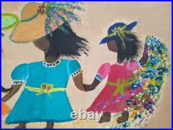 Jeanne Elie Joseph Rigaud Original Haitian Folk Art Painting Canvas Family 26x17