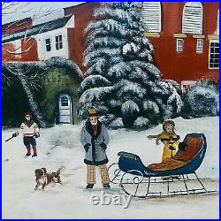 Jeanne Marston Ector Folk Art Painting Oil on Wood Panel Framed Winter Landscape