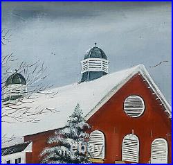 Jeanne Marston Ector Folk Art Painting Oil on Wood Panel Framed Winter Landscape