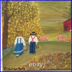 Jerry Olson Original Folk Art Painting Red Barn Landscape Couple Signed 2023 Art
