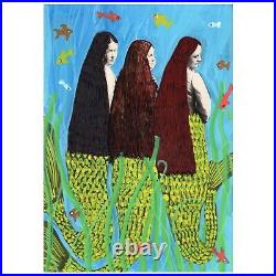 Jo Potocki Original Painting Three Pretty Mermaids in a Row 4x6 Unframed