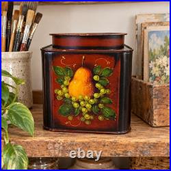 John Dunn Signed Folk Art Hand Painted Tole Tin Pear Grapes Lidded Canister