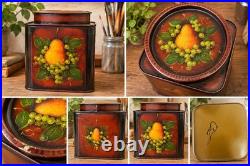 John Dunn Signed Folk Art Hand Painted Tole Tin Pear Grapes Lidded Canister