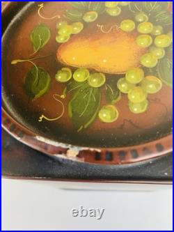 John Dunn Signed Folk Art Hand Painted Tole Tin Pear Grapes Lidded Canister