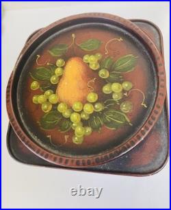 John Dunn Signed Folk Art Hand Painted Tole Tin Pear Grapes Lidded Canister