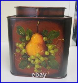 John Dunn Signed Folk Art Hand Painted Tole Tin Pear Grapes Lidded Canister