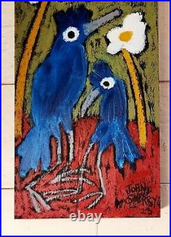 John Sperry Outsider Southern Primitive Bird Folk Art Painting BlueBirds Birds