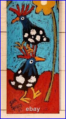 John Sperry Outsider Southern Primitive Bird Folk Art Painting Guinea Hen Birds