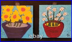 John Sperry Southern Primitive Colorful Folk Art Painting Sunshine Flowers 16x16