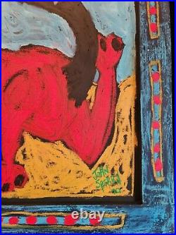 John Sperry Southern Primitive Folk Art Oil Painting Framed Red Dog Express
