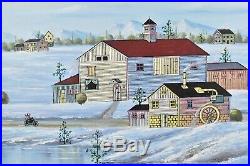 Jonas Bradford Folk Art Oil Painting Winter Farm Scene Signed Amish Artist
