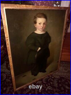 Joseph Whiting Stock Antique folk art Portrait Painting of a young boy with hat