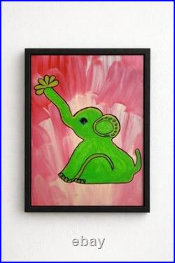 Joyful Elephant with Clover Trunk Whimsical Folk Art Acrylic 9x12
