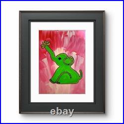 Joyful Elephant with Clover Trunk Whimsical Folk Art Acrylic 9x12