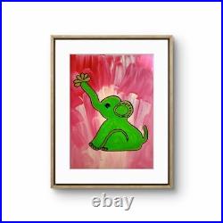 Joyful Elephant with Clover Trunk Whimsical Folk Art Acrylic 9x12