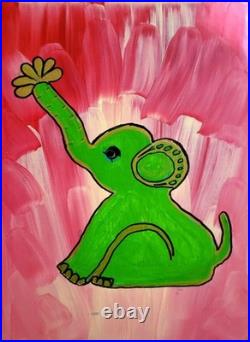 Joyful Elephant with Clover Trunk Whimsical Folk Art Acrylic 9x12