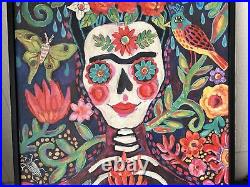 Julia Eves Folk Art Painting On Canvas Frida Kahlo Day Of The Dead 22.5x 17