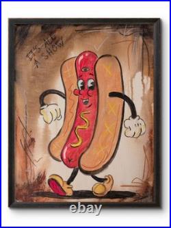 KYMA Original 11x14 Folk Hot Dog Character Dancing Painting Signed Canvas