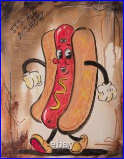 KYMA Original 11x14 Folk Hot Dog Character Dancing Painting Signed Canvas